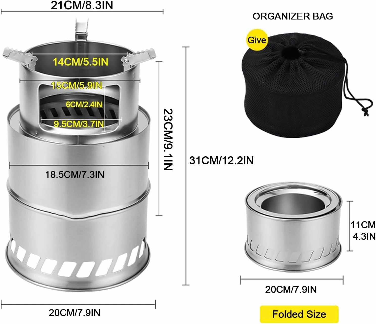 Camp Stove Wood，Portable Wood Stove，Split Foldable Camping 201 Stainless Steel Woodstove, Small Size, Light Weight, Easy to Carry, for Backyard Barbecue/Outdoor Camping(Large)