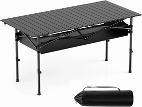 Camp Tables Portable Foldable Adjustable Height for 6-8 People, Outdoor Folding Camping Table with Storage for Outdoor Cooking Picnic Camp, Camping Cooking Essentials(Black)