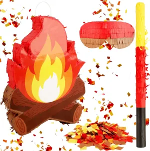 Camping Bonfire Piñata Fake Flame Pinata Adventure Campfire Pinata with Stick Blindfold Confetti and Hanging Loop for Camping Adventure Birthday Party Decoration Props, 16 x 12 Inches