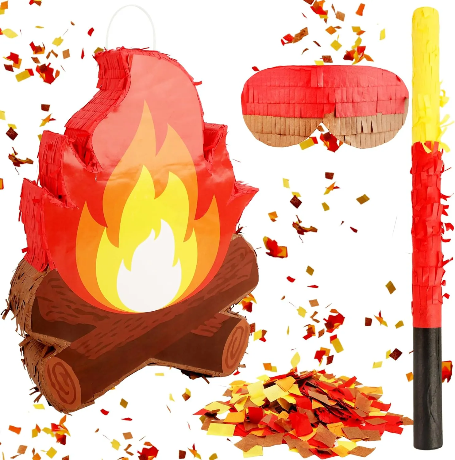 Camping Bonfire Piñata Fake Flame Pinata Adventure Campfire Pinata with Stick Blindfold Confetti and Hanging Loop for Camping Adventure Birthday Party Decoration Props, 16 x 12 Inches