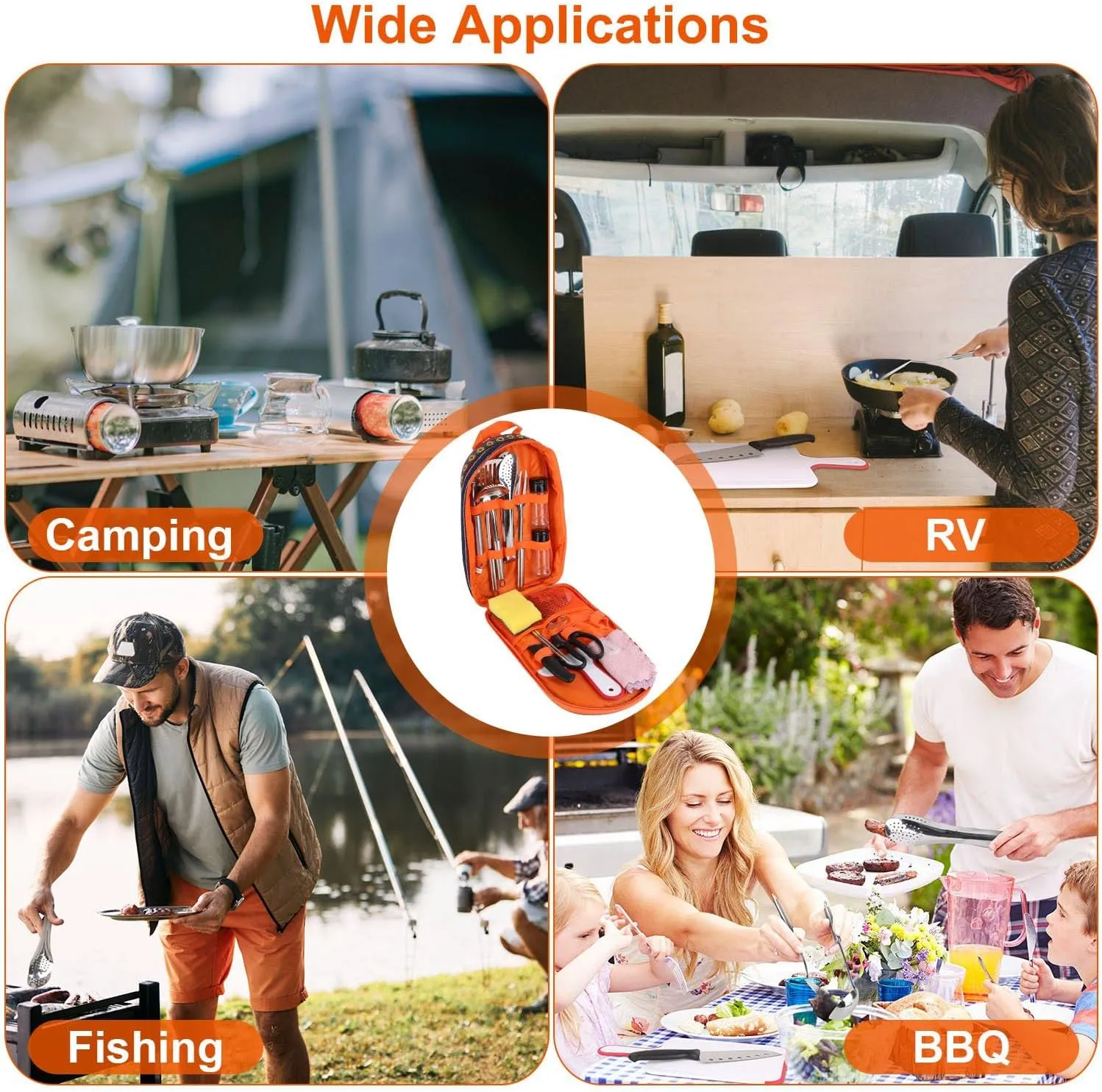 Camping Cooking Ware Set Camping Stove Cookware Kit Aluminum Pot Pan Kettle Set with Bowls Knife Fork Spoon Carabiner Spatula Cutting Board for Hiking Picnic Outdoor