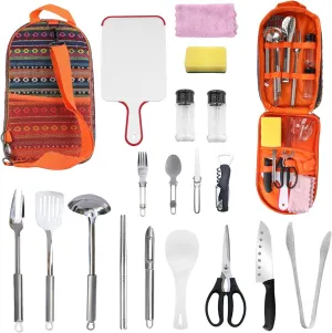 Camping Cooking Ware Set Camping Stove Cookware Kit Aluminum Pot Pan Kettle Set with Bowls Knife Fork Spoon Carabiner Spatula Cutting Board for Hiking Picnic Outdoor