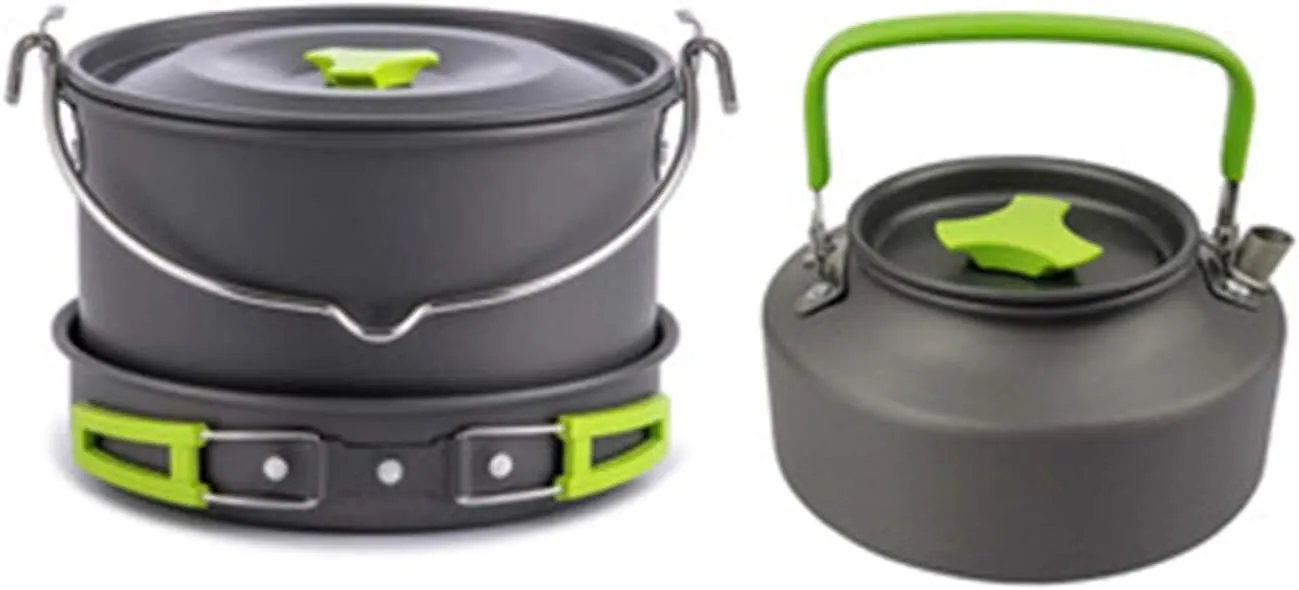 Camping Cookware Camping Cookware Set Outdoor Cooking Mess Kit Pots Pans Camp Kettle Portable for Backpacking Hiking Picnic Fishing Mountaineering Outdoor Camping Cookware (Green 4 People)