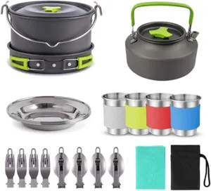 Camping Cookware Camping Cookware Set Outdoor Cooking Mess Kit Pots Pans Camp Kettle Portable for Backpacking Hiking Picnic Fishing Mountaineering Outdoor Camping Cookware (Green 4 People)