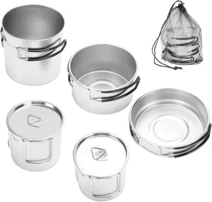 Camping Cookware Kit 5Pcs Stainless Steel Camping Pots and Pans Set with Foldable Handles for Outdoor Cooking Hiking Backpacking
