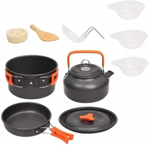 Camping Cookware Kit - Outdoor Aluminum Cooking Set with Water Kettle, Pan, Pot & Foldable Handles, Portable Hiking Picnic BBQ Tableware for 2-3 People