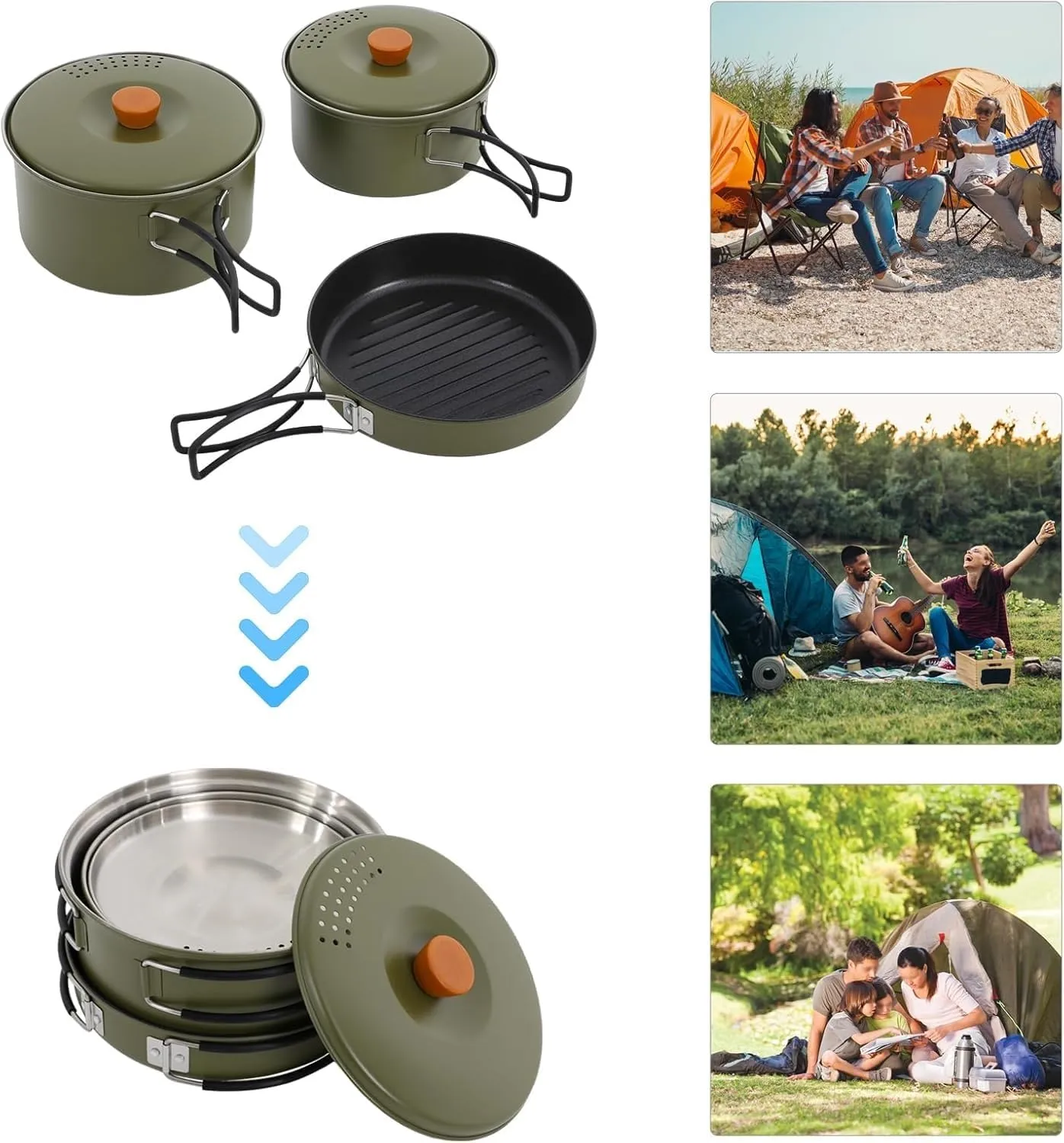 Camping Cookware Mess Kit, Foldable Stainless Steel Campfire Cooking Pots and Pans for Home RV Boat Camping Hiking and Picnic