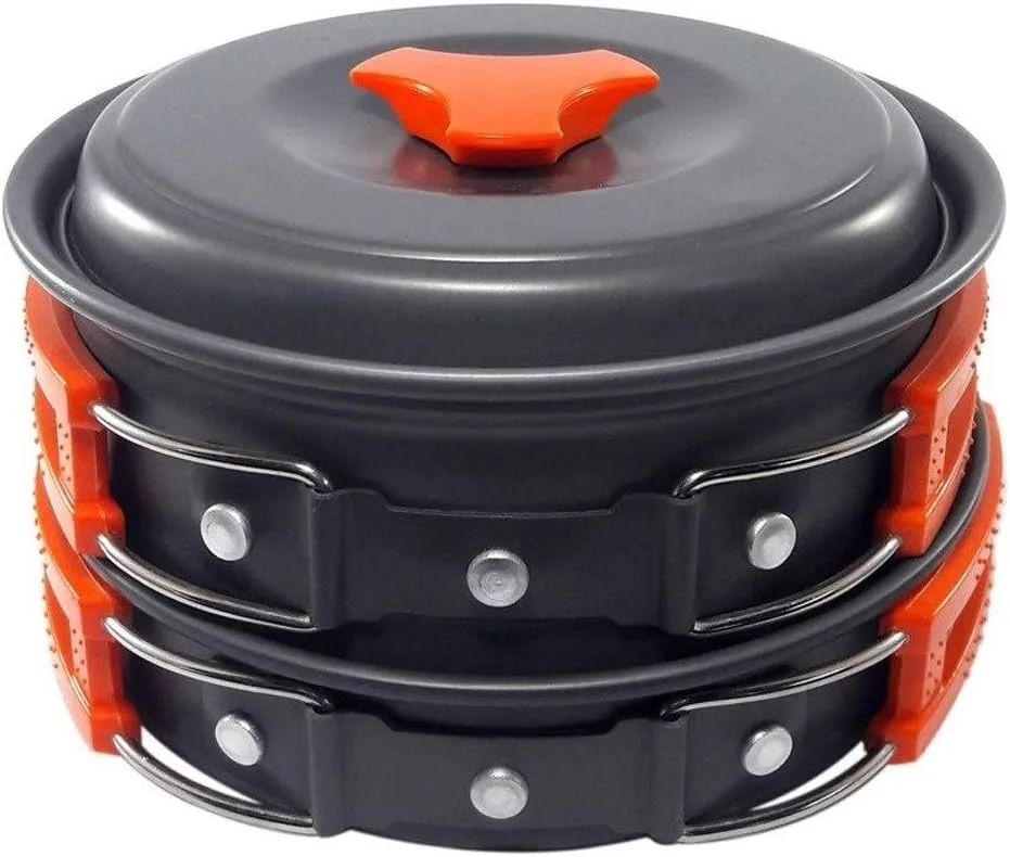 Camping Cookware Set 2 Person Camping Gear Campfire Utensils Non-Stick Cooking Lightweight Stackable Pot Pan Bowls Storage Bag (Color : A) (C)
