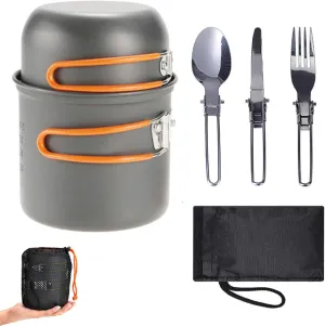 Camping Cookware Set, Backpacking Cooking Set with Pans, Stainless Steel Cooking Set, Non-Stick Camping Kitchen Pots for Hiking, Camping, and Picnic (Orange)