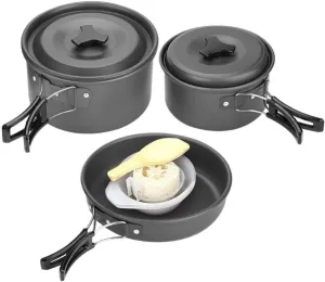 Camping Cookware Set, Lightweight Picnic Cooking Set Include Big Small Pot, Frying Pan, Bowls, Soup Spoon, Rice Ladle, Loofah Sponge