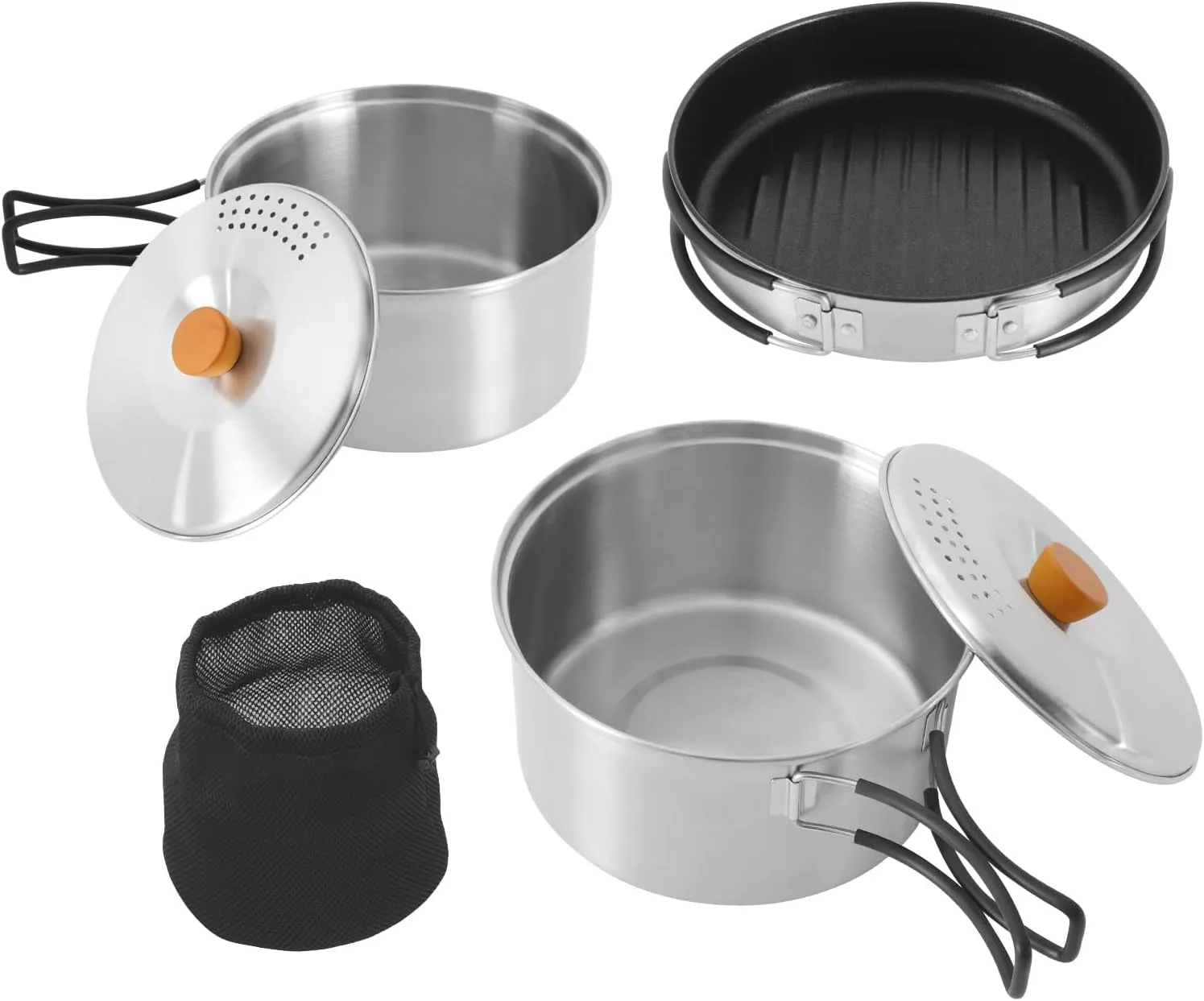 Camping Cookware Set, Stainless Steel Camping Pots and Pans Set, Portable Camping Cooking Set with 7’’ Pot, 6.3'' Pot, 6.9'' Frying Pan and Storage Bag for Outdoor Cooking Backpacking Picnic