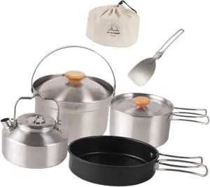 Camping Cookware Stainless Steel Pot Frying Pan Kettle Cookset with Storage Bag Camping Cooking Set for Kitchen Picnic Dinner
