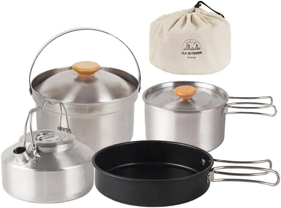 Camping Hiking Cookware Set Outdoor Portable Picnic Cookware Kit Stainless Steel Pot Frying Pan Kettle Set Travel Cooking Accessory