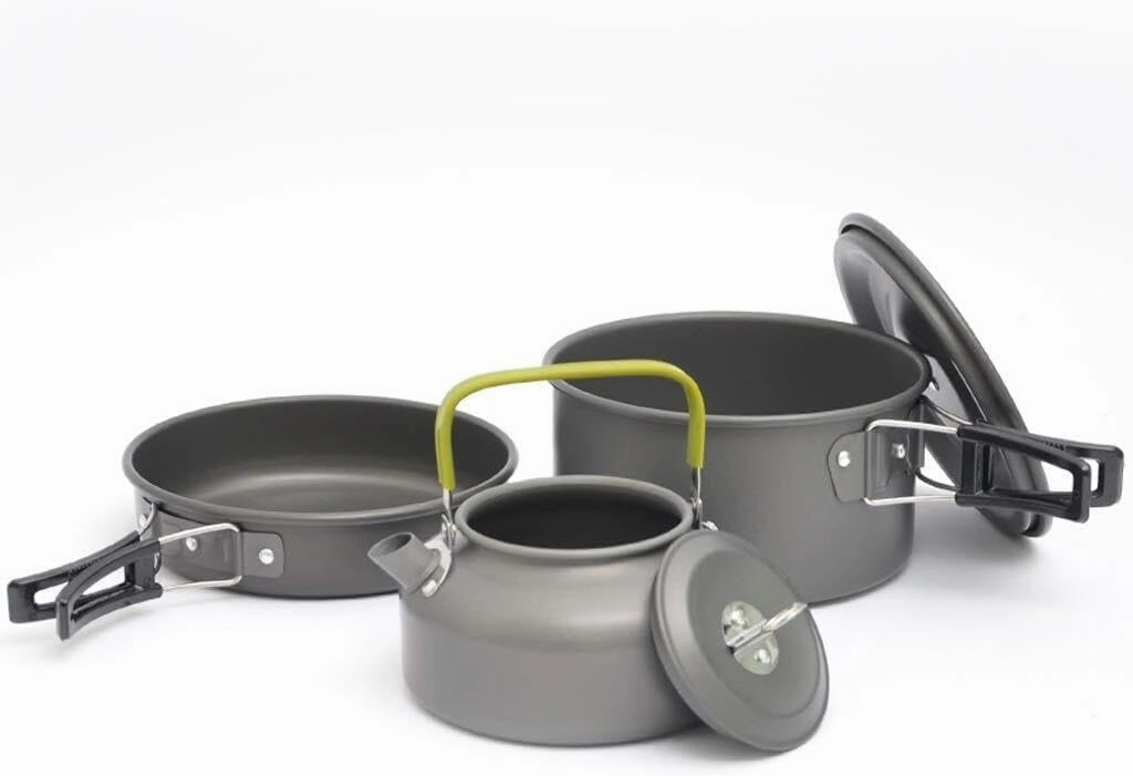 Camping Backpack Tableware Set - Outdoor Cookware Pot, Frying Pan, Teapot & Kettle, Lightweight Aluminum Survival Hiking Military Boiler for Picnic & Camping (2-3 Person)