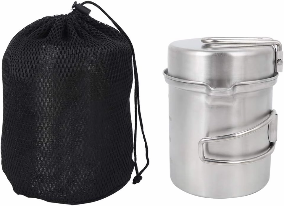 Camping Pot Set, 15.5x12.4cm/6.1x4.9in Portable Stainless Steel Cookware Pot Cooker Pans Kit with Storage Bag for Outdoor Backpacking Hiking
