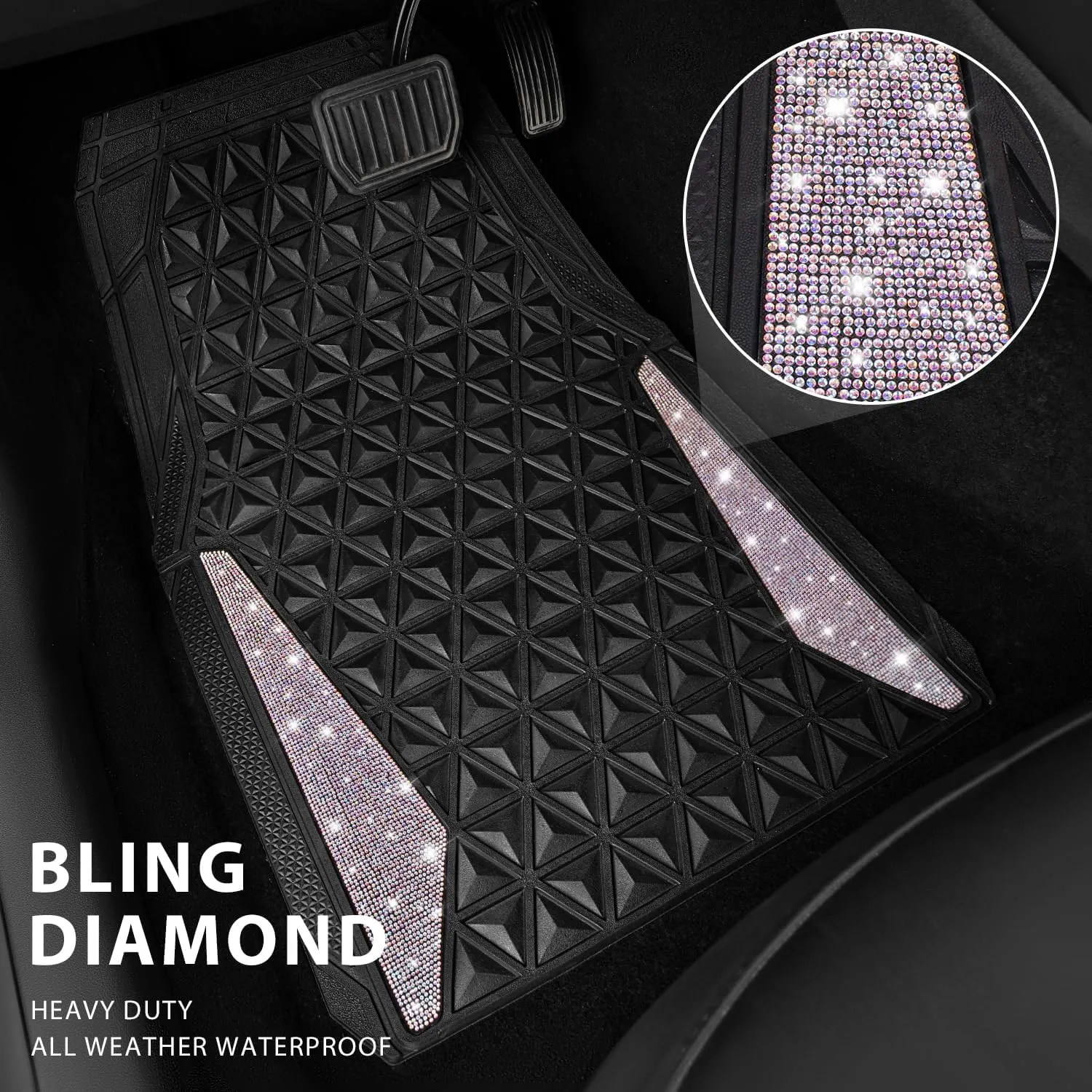 CAR PASS Bling Car Mats Diamond Rubber Floor Mats Full Set Anti-Slip 3D Rhombus Waterproof Trim Fit Liner Universal Glitter Crystal Sparkly Shining Rhinestone Girl Women SUV Sedan, Multicolor Diamond