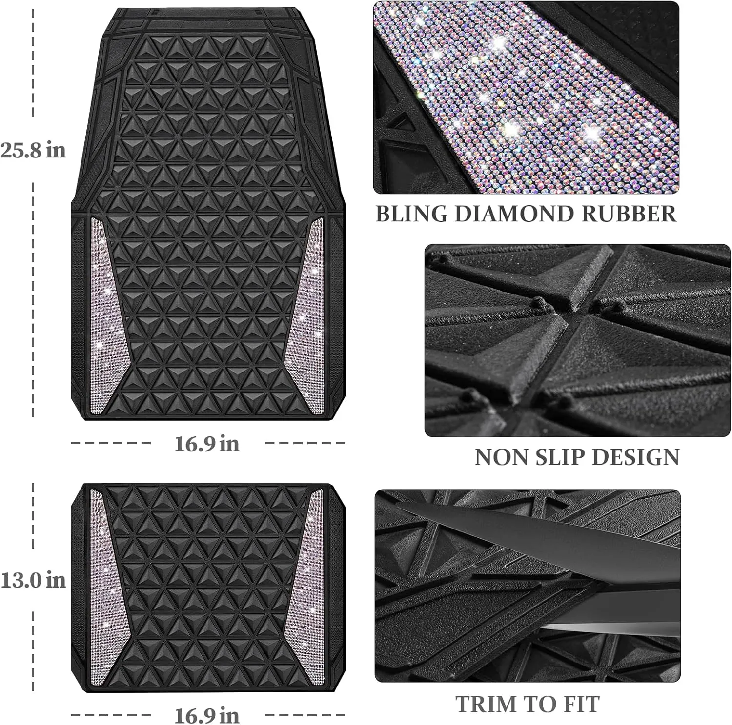 CAR PASS Bling Car Mats Diamond Rubber Floor Mats Full Set Anti-Slip 3D Rhombus Waterproof Trim Fit Liner Universal Glitter Crystal Sparkly Shining Rhinestone Girl Women SUV Sedan, Multicolor Diamond