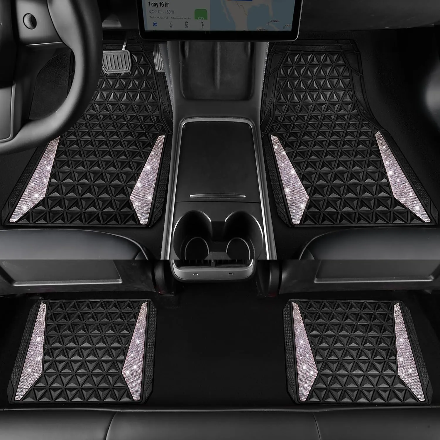 CAR PASS Bling Car Mats Diamond Rubber Floor Mats Full Set Anti-Slip 3D Rhombus Waterproof Trim Fit Liner Universal Glitter Crystal Sparkly Shining Rhinestone Girl Women SUV Sedan, Multicolor Diamond