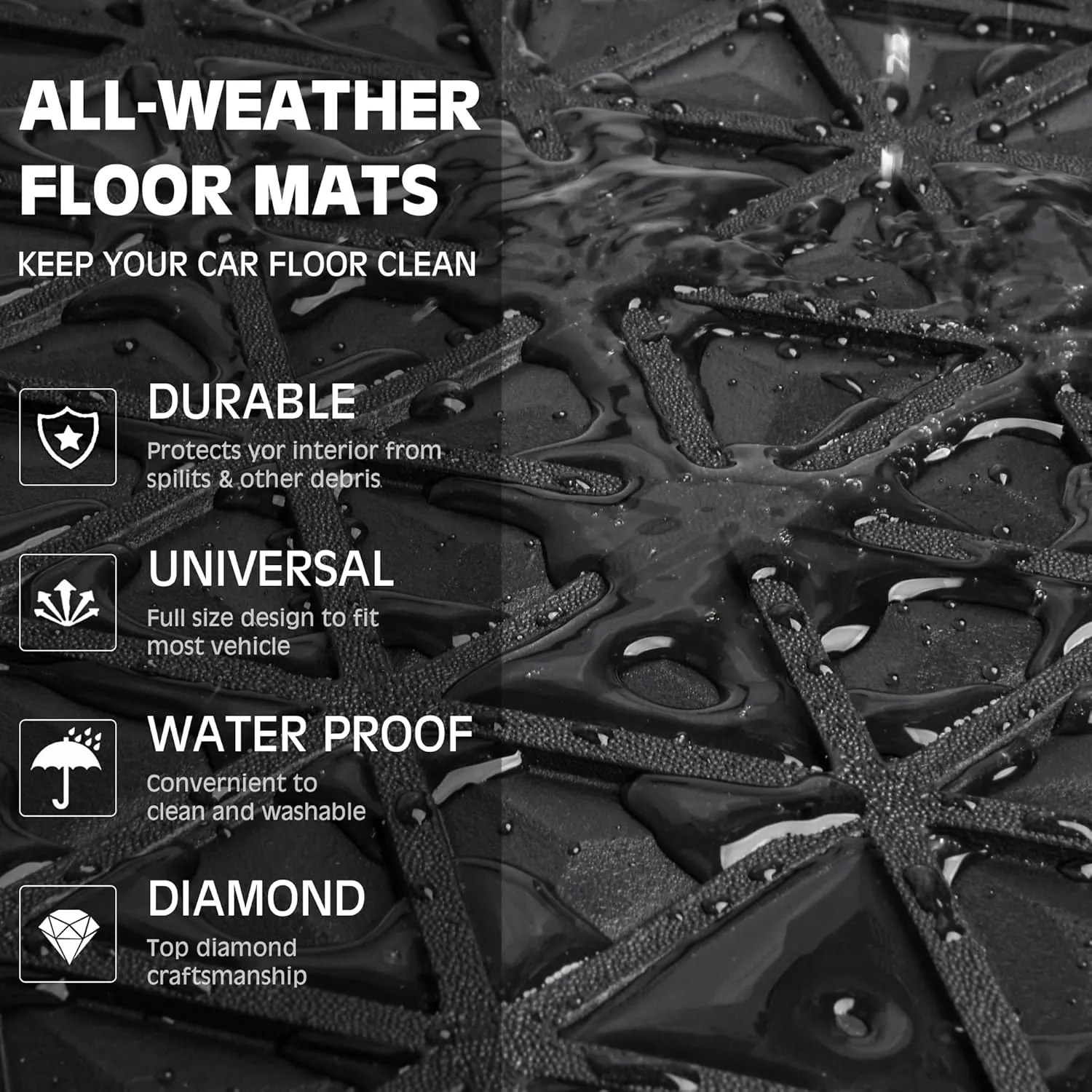 CAR PASS Bling Car Mats Diamond Rubber Floor Mats Full Set Anti-Slip 3D Rhombus Waterproof Trim Fit Liner Universal Glitter Crystal Sparkly Shining Rhinestone Girl Women SUV Sedan, Multicolor Diamond