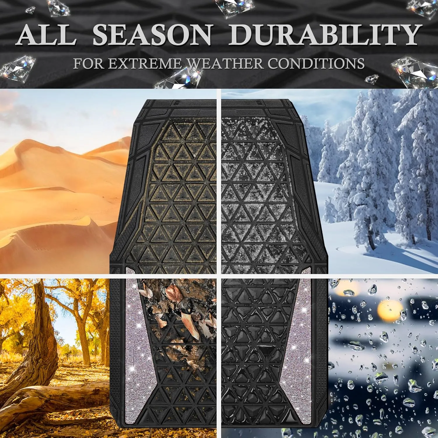 CAR PASS Bling Car Mats Diamond Rubber Floor Mats Full Set Anti-Slip 3D Rhombus Waterproof Trim Fit Liner Universal Glitter Crystal Sparkly Shining Rhinestone Girl Women SUV Sedan, Multicolor Diamond