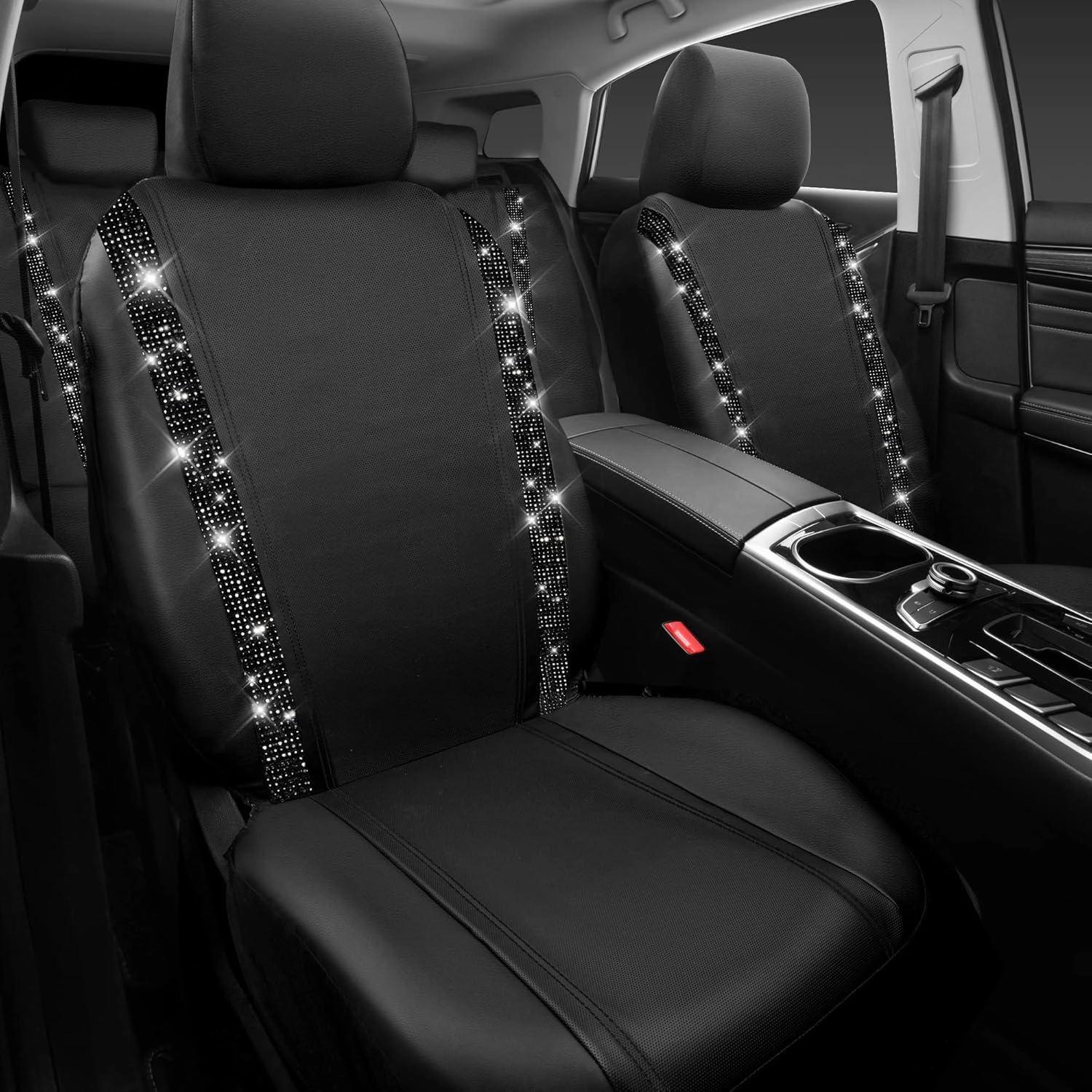 CAR PASS Bling Car Seat Covers, Shining Rhinestones Diamond Waterproof Faux Leather, 7 Seats 3 Rows with Zipper Glitter Crystal Sparkle Strips Universal Fit 95% MPV,SUV,CAR for Women Girl, Black