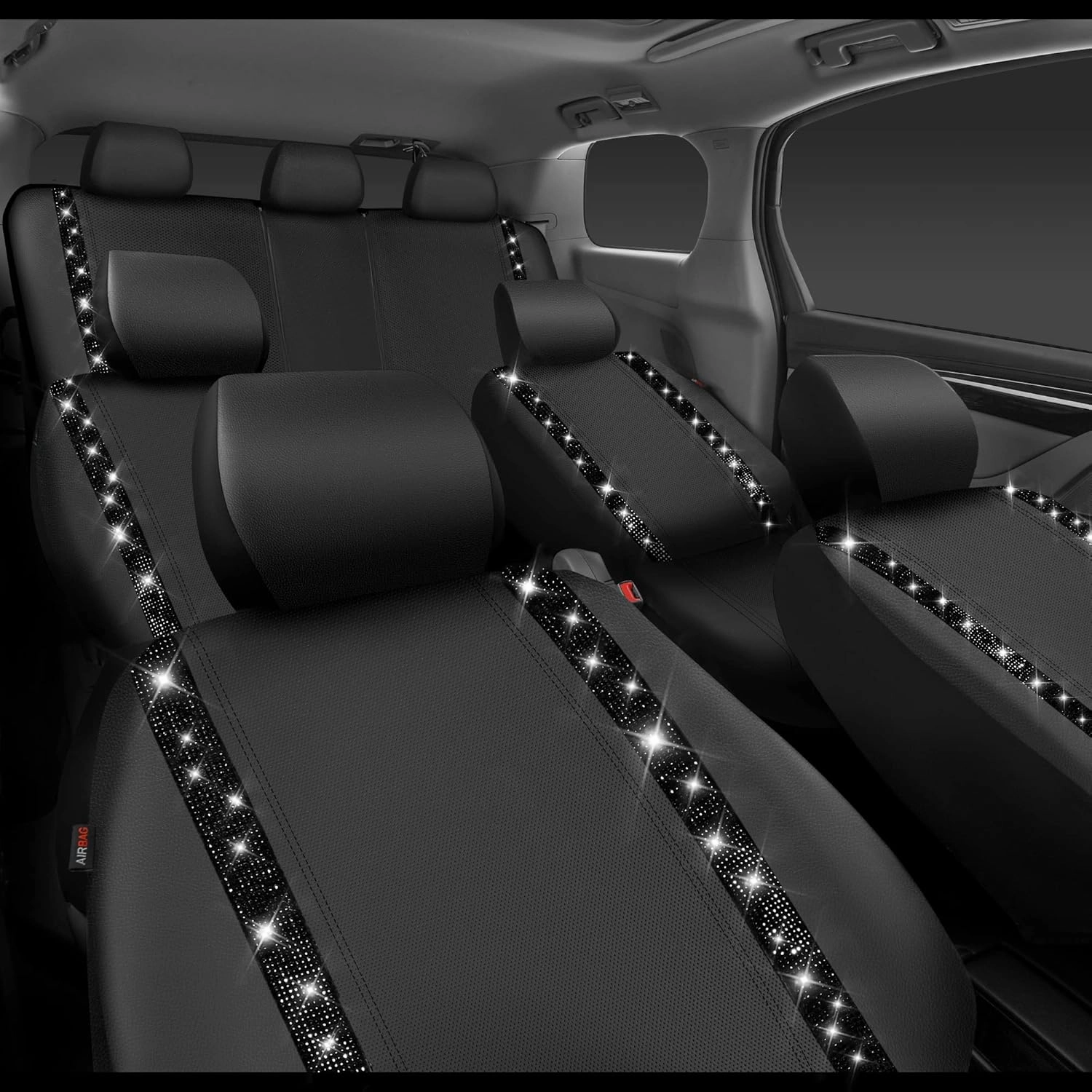 CAR PASS Bling Car Seat Covers, Shining Rhinestones Diamond Waterproof Faux Leather, 7 Seats 3 Rows with Zipper Glitter Crystal Sparkle Strips Universal Fit 95% MPV,SUV,CAR for Women Girl, Black