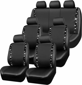 CAR PASS Bling Car Seat Covers, Shining Rhinestones Diamond Waterproof Faux Leather, 7 Seats 3 Rows with Zipper Glitter Crystal Sparkle Strips Universal Fit 95% MPV,SUV,CAR for Women Girl, Black