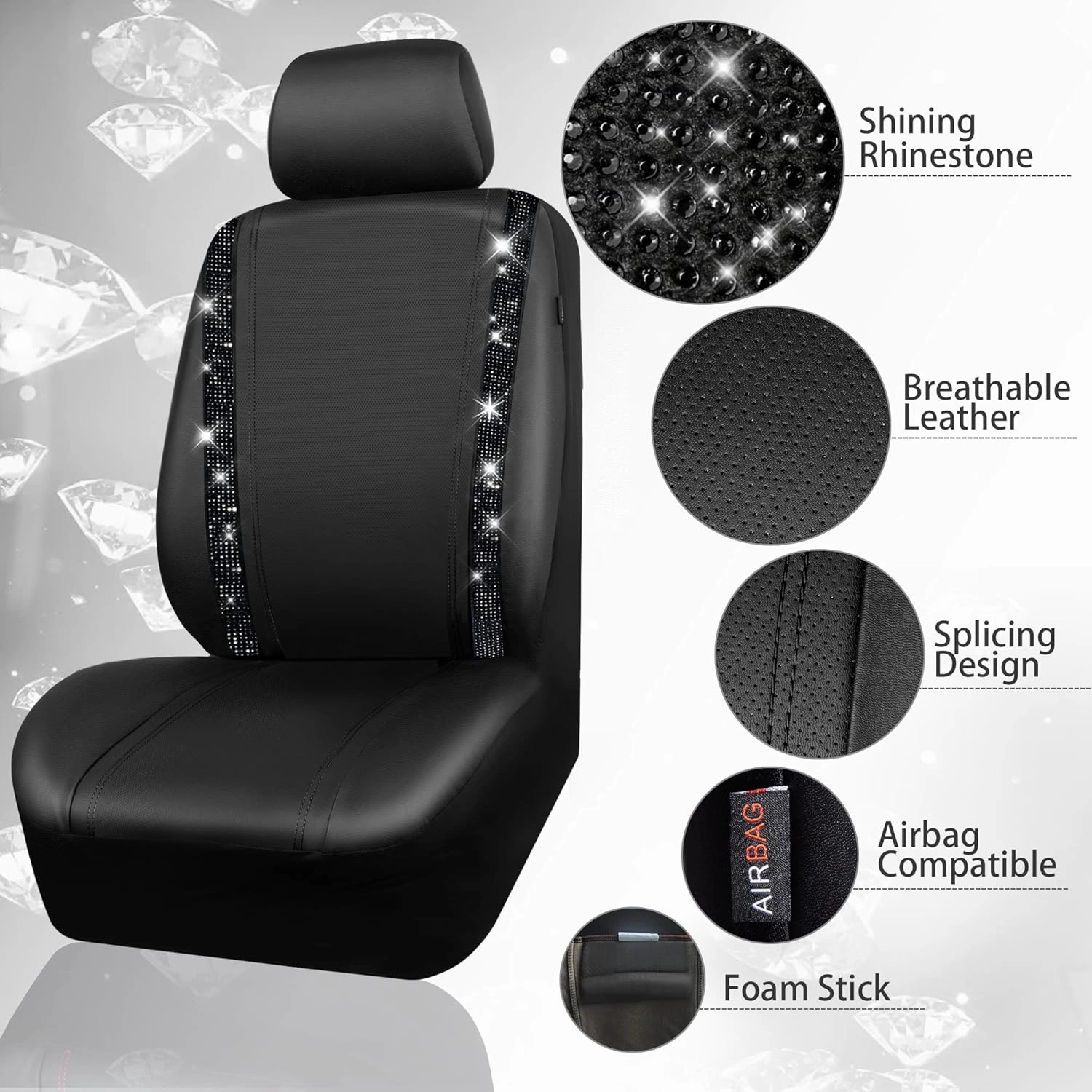 CAR PASS Bling Car Seat Covers, Shining Rhinestones Diamond Waterproof Faux Leather, 7 Seats 3 Rows with Zipper Glitter Crystal Sparkle Strips Universal Fit 95% MPV,SUV,CAR for Women Girl, Black