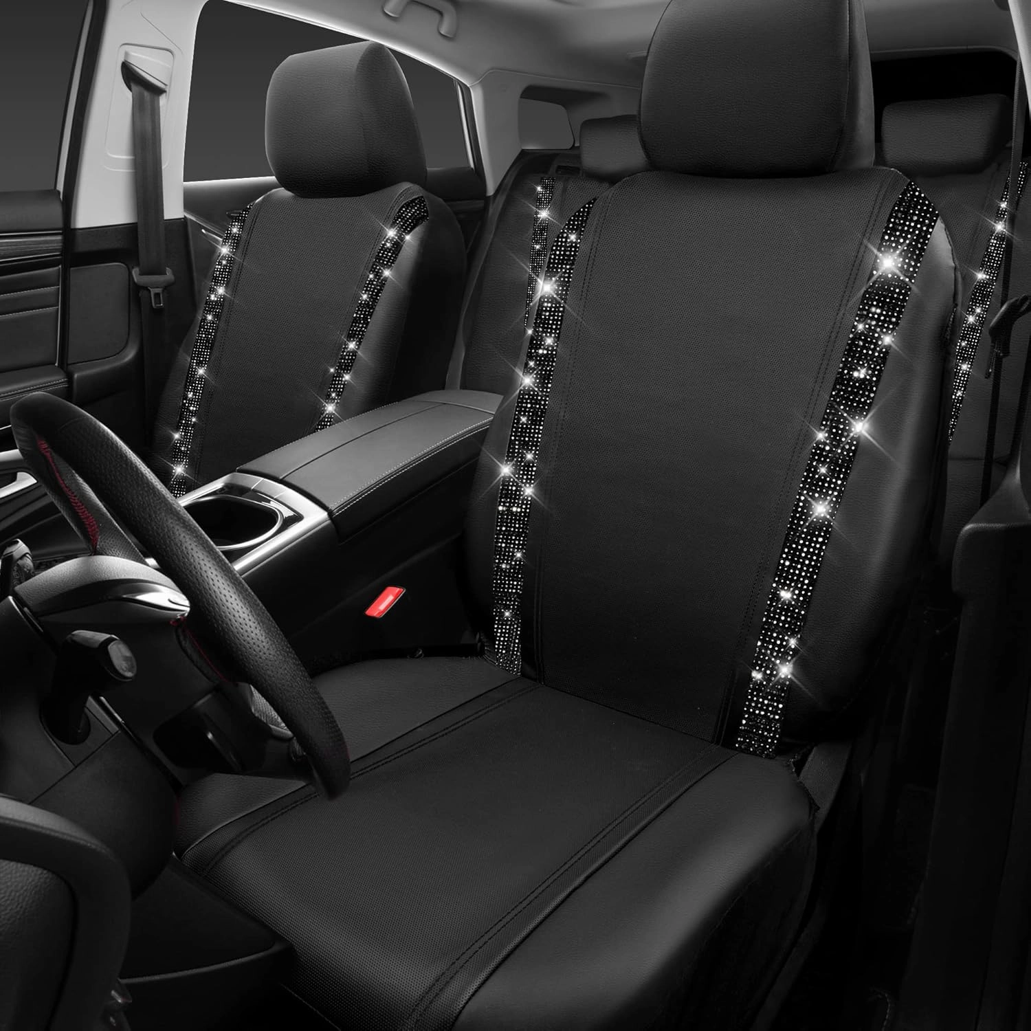 CAR PASS Bling Car Seat Covers, Shining Rhinestones Diamond Waterproof Faux Leather, 7 Seats 3 Rows with Zipper Glitter Crystal Sparkle Strips Universal Fit 95% MPV,SUV,CAR for Women Girl, Black