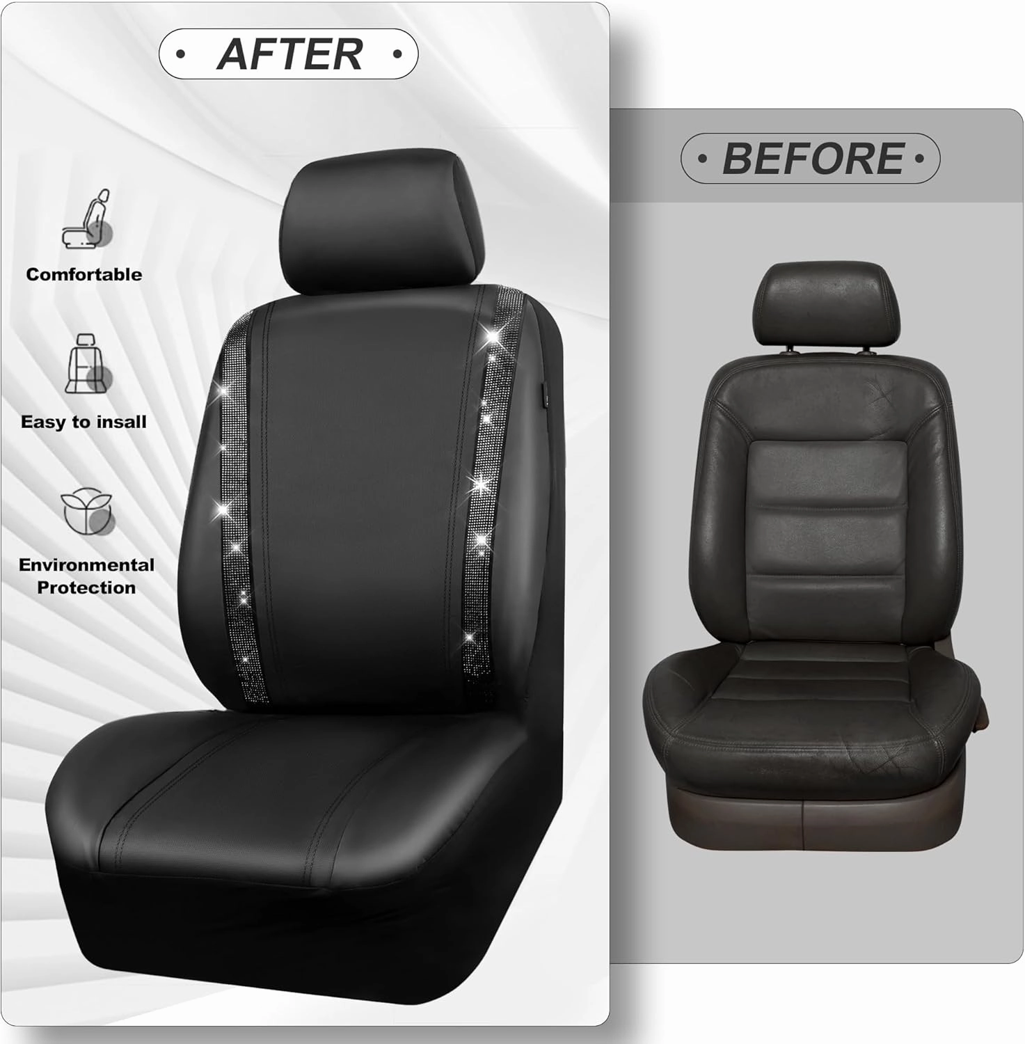 CAR PASS Bling Car Seat Covers, Shining Rhinestones Diamond Waterproof Faux Leather, 7 Seats 3 Rows with Zipper Glitter Crystal Sparkle Strips Universal Fit 95% MPV,SUV,CAR for Women Girl, Black