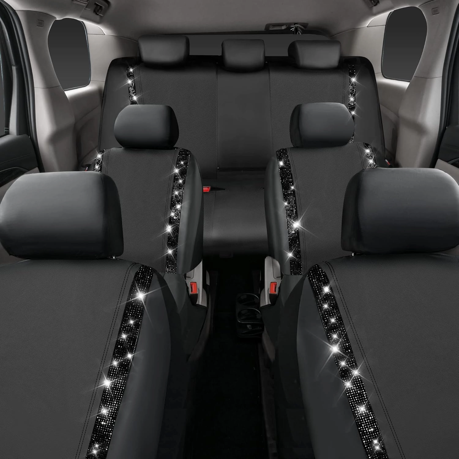 CAR PASS Bling Car Seat Covers, Shining Rhinestones Diamond Waterproof Faux Leather, 7 Seats 3 Rows with Zipper Glitter Crystal Sparkle Strips Universal Fit 95% MPV,SUV,CAR for Women Girl, Black
