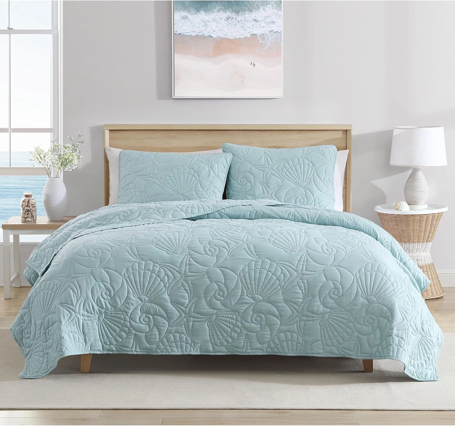 CARIBBEAN JOE Full/Queen Outlined Shell 3-Piece Quilt Set, Coastal Beach Design Bedding, Aqua