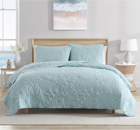 CARIBBEAN JOE Full/Queen Outlined Shell 3-Piece Quilt Set, Coastal Beach Design Bedding, Aqua