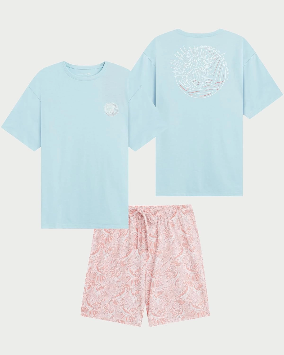 CARIBBEAN JOE Men's Sleep Set, Marlin Logo Shorts and Coral Crew Neck T-Shirt Pajamas, Lightweight Novelty Pjs
