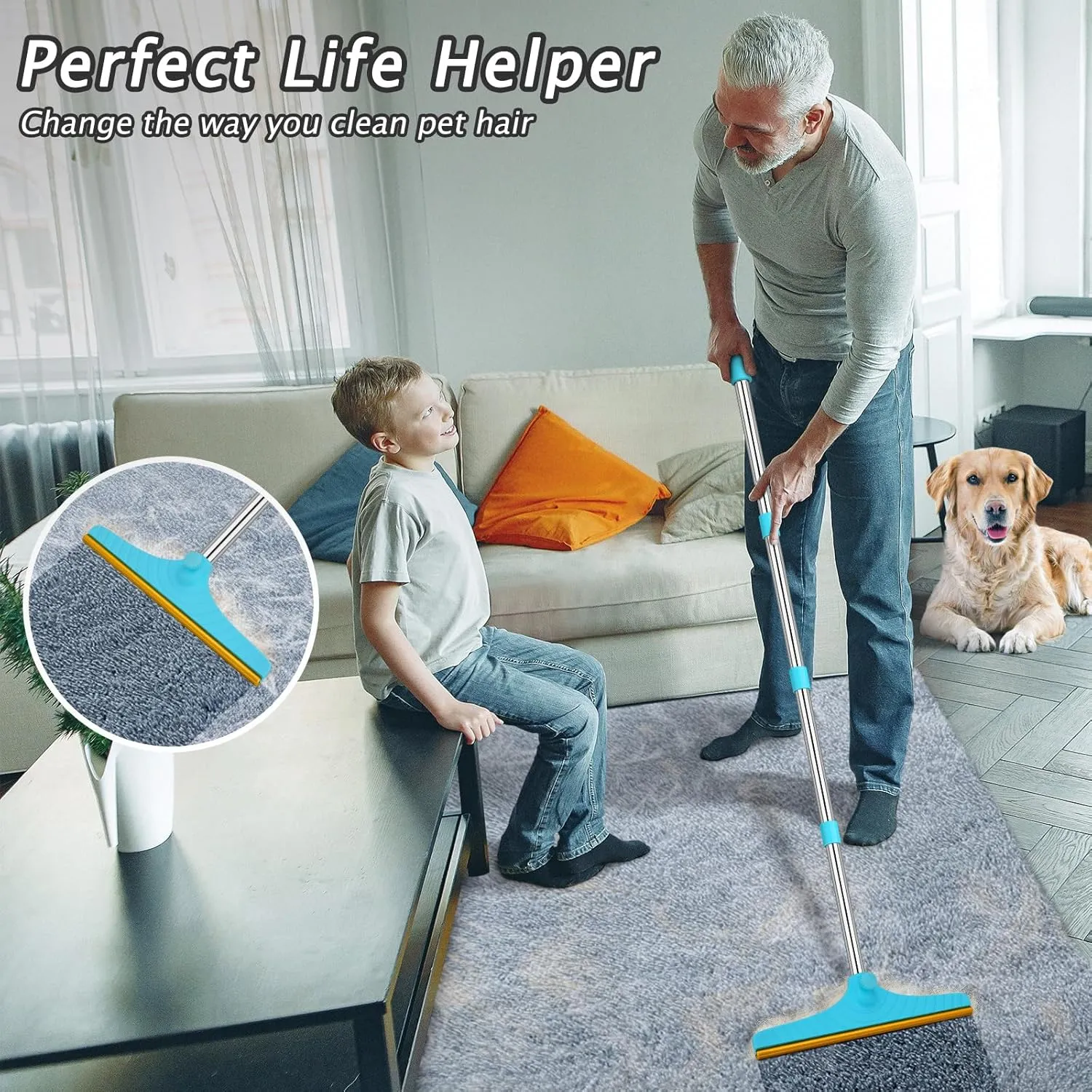 Carpet Rake for Pet Hair Removal - Reusable Pet Hair Remover, 60” Adjustable Long Handle Cat Dog Carpet Rake Scraper, Dog Hair Rake Brush for Rugs, Mats, Couch, Furniture