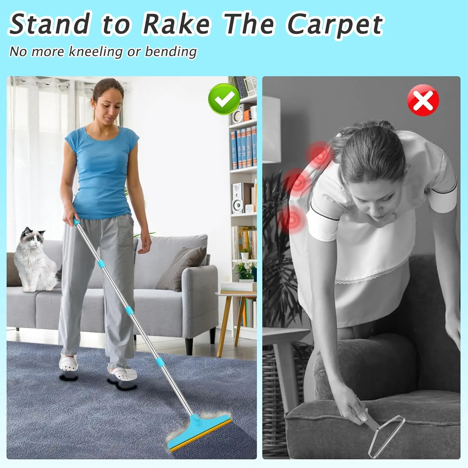 Carpet Rake for Pet Hair Removal - Reusable Pet Hair Remover, 60” Adjustable Long Handle Cat Dog Carpet Rake Scraper, Dog Hair Rake Brush for Rugs, Mats, Couch, Furniture
