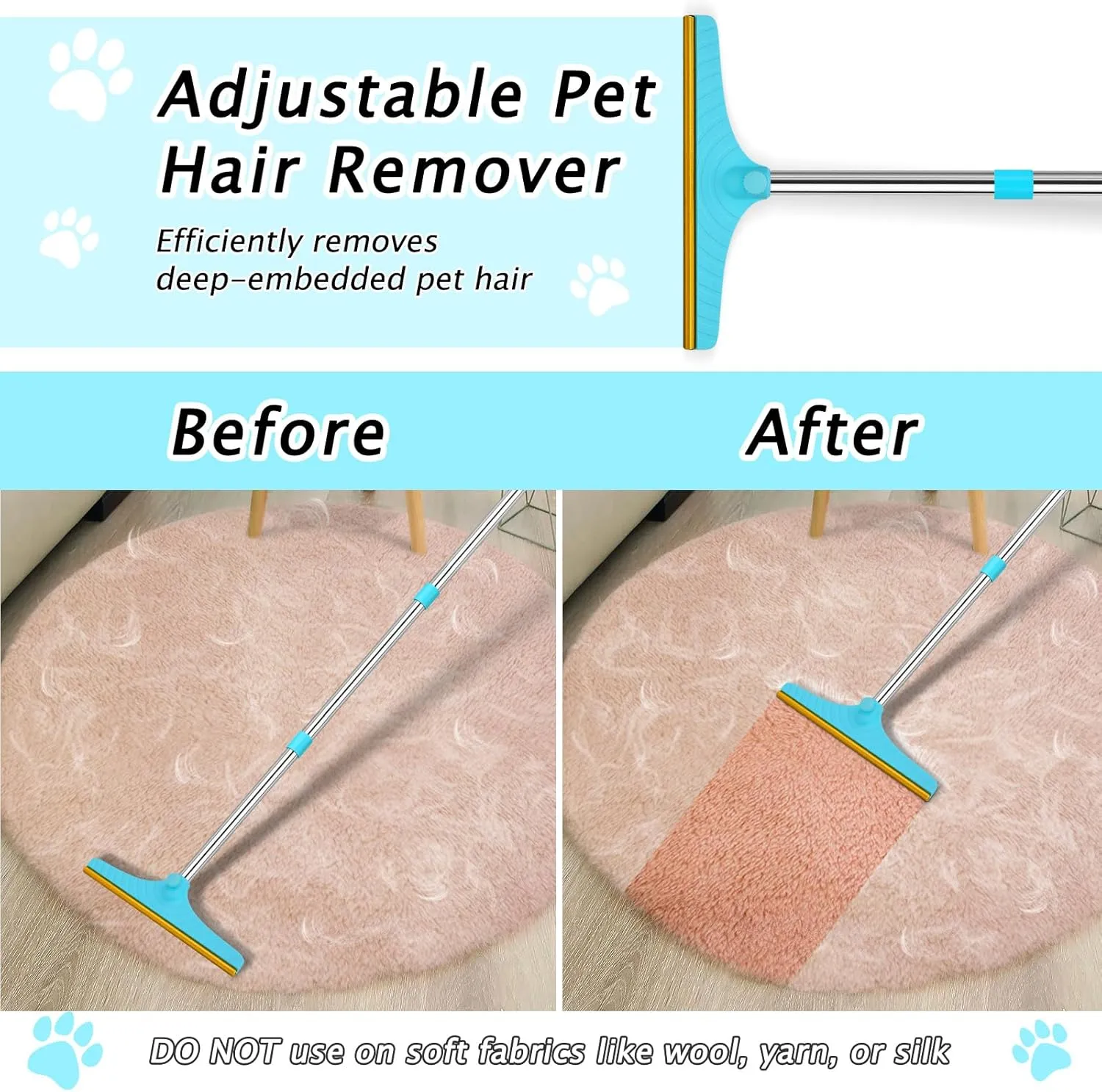 Carpet Rake for Pet Hair Removal - Reusable Pet Hair Remover, 60” Adjustable Long Handle Cat Dog Carpet Rake Scraper, Dog Hair Rake Brush for Rugs, Mats, Couch, Furniture