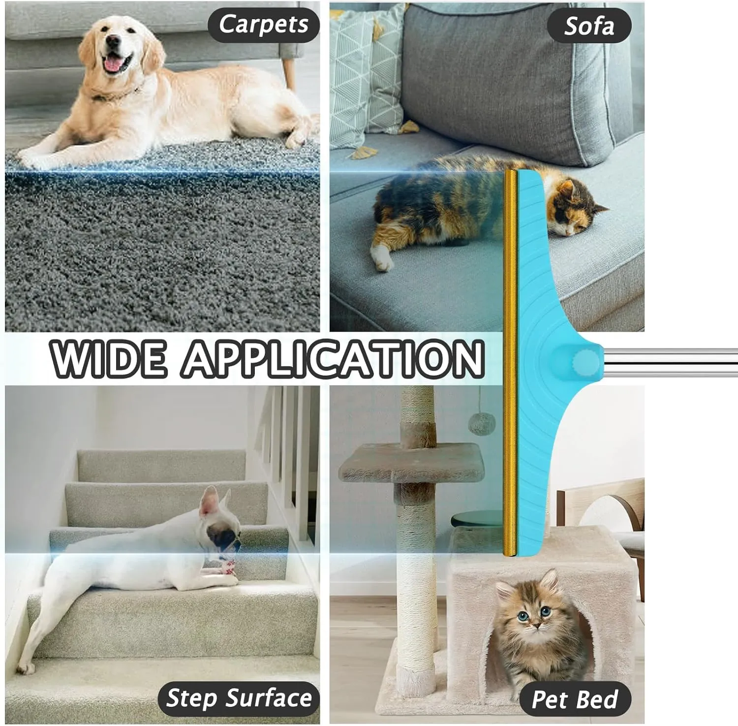 Carpet Rake for Pet Hair Removal - Reusable Pet Hair Remover, 60” Adjustable Long Handle Cat Dog Carpet Rake Scraper, Dog Hair Rake Brush for Rugs, Mats, Couch, Furniture