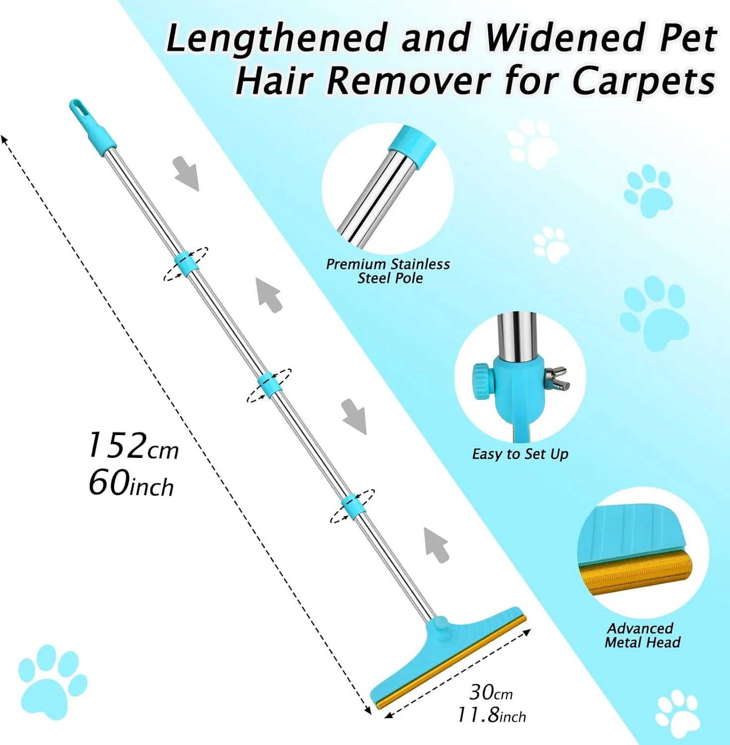 Carpet Rake for Pet Hair Removal - Reusable Pet Hair Remover, 60” Adjustable Long Handle Cat Dog Carpet Rake Scraper, Dog Hair Rake Brush for Rugs, Mats, Couch, Furniture