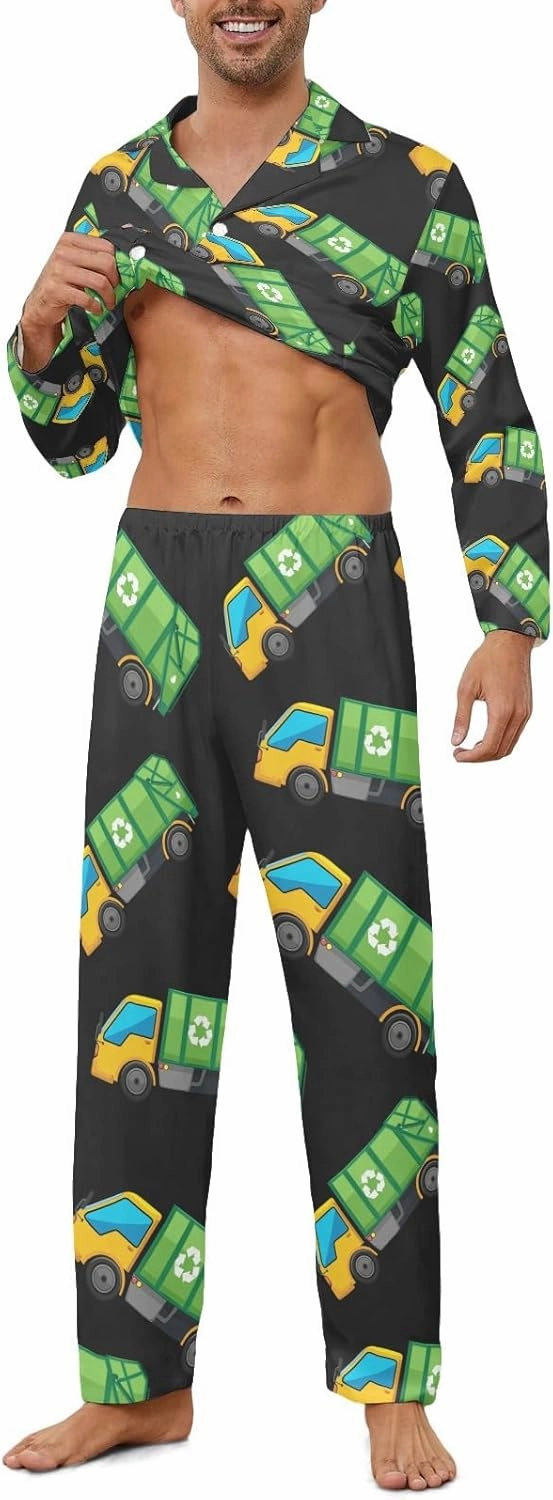 Cartoon Garbage Truck Men's Pajamas Set Long Sleeve Shirt Pants Sleepwear Loungewear S