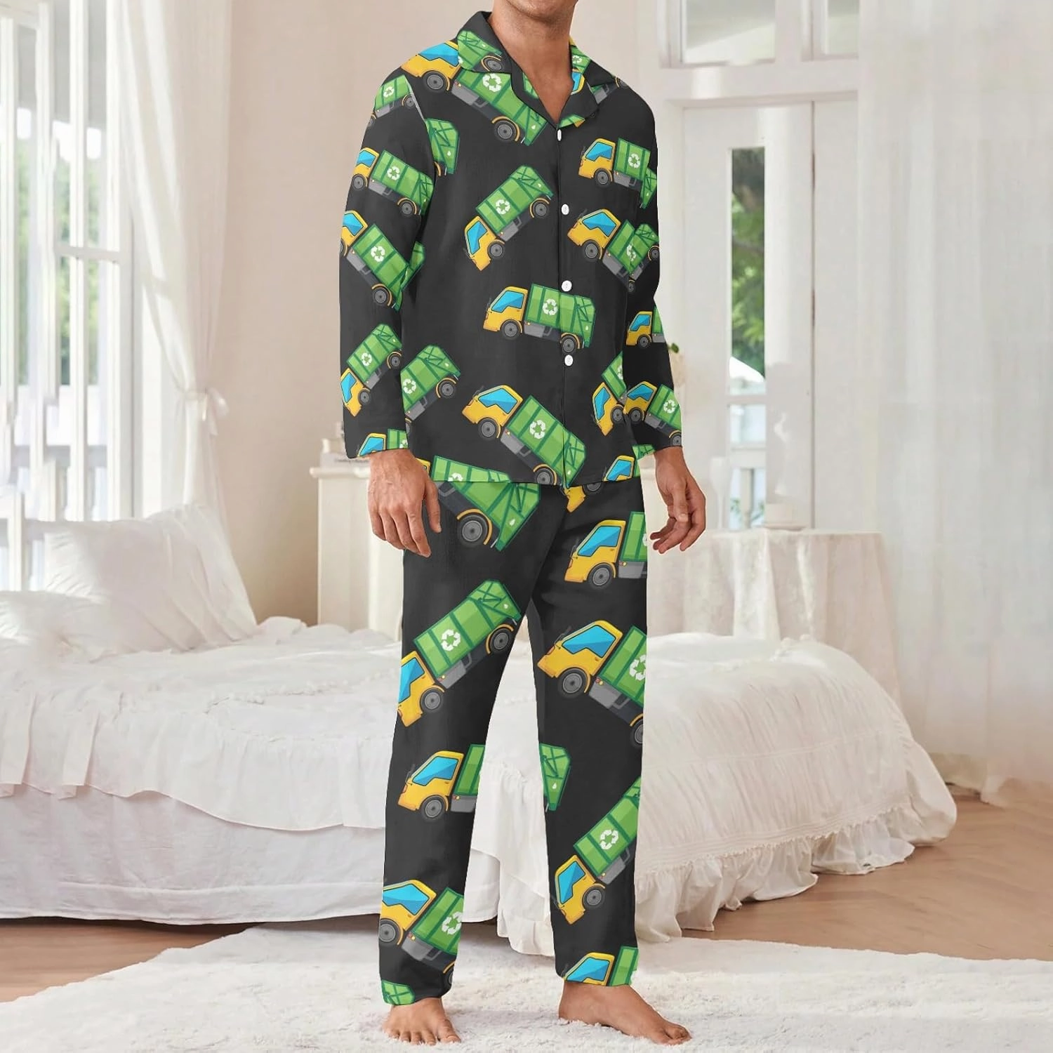 Cartoon Garbage Truck Men's Pajamas Set Long Sleeve Shirt Pants Sleepwear Loungewear S