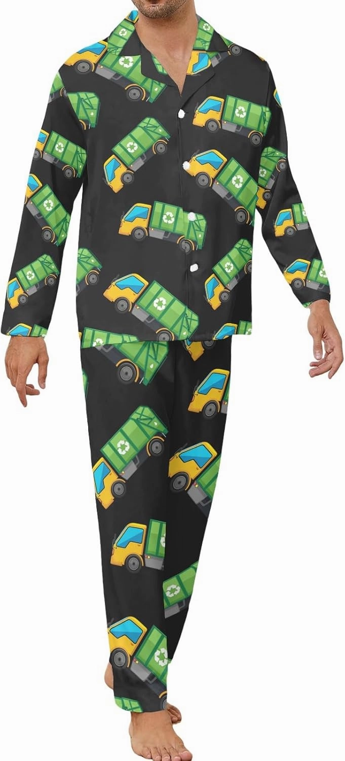 Cartoon Garbage Truck Men's Pajamas Set Long Sleeve Shirt Pants Sleepwear Loungewear S