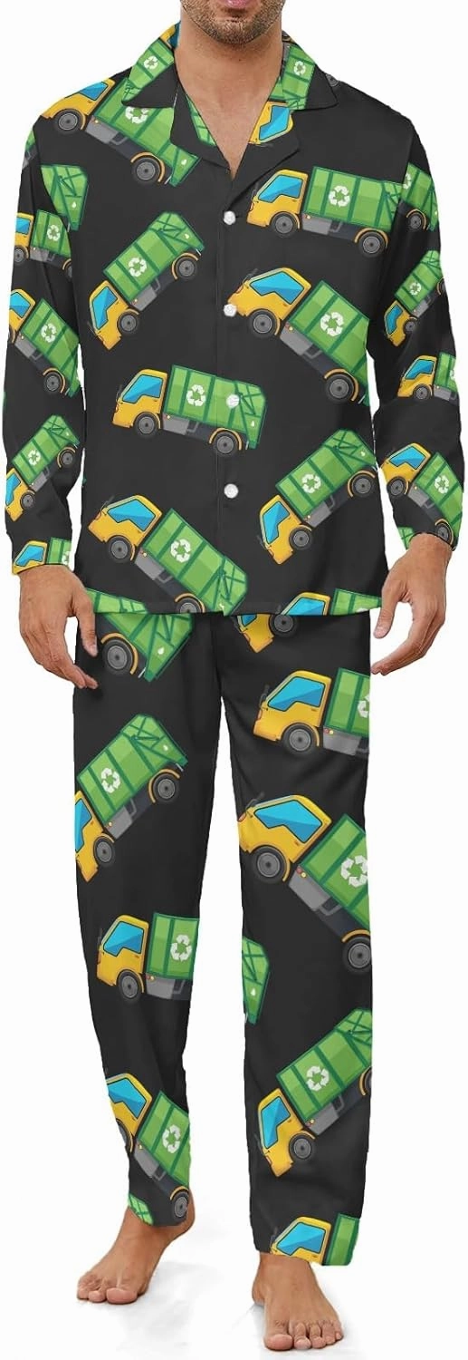 Cartoon Garbage Truck Men's Pajamas Set Long Sleeve Shirt Pants Sleepwear Loungewear S