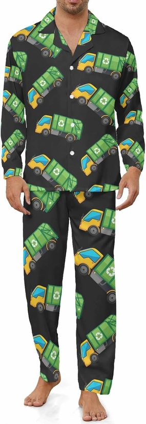 Cartoon Garbage Truck Men's Pajamas Set Long Sleeve Shirt Pants Sleepwear Loungewear S