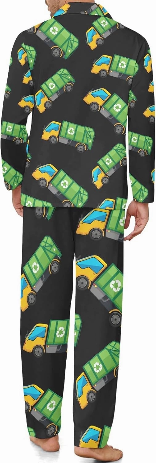 Cartoon Garbage Truck Men's Pajamas Set Long Sleeve Shirt Pants Sleepwear Loungewear S