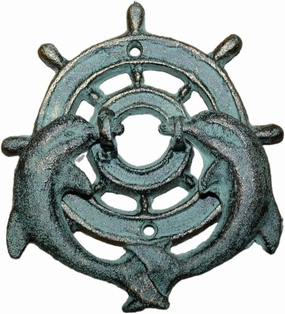 Cast Iron Antique Style Nautical Shipswheel Dolphin Door Knocker Green Finish IRP-1380 Handmade Decor Artisan Art Decor For Home Vintage