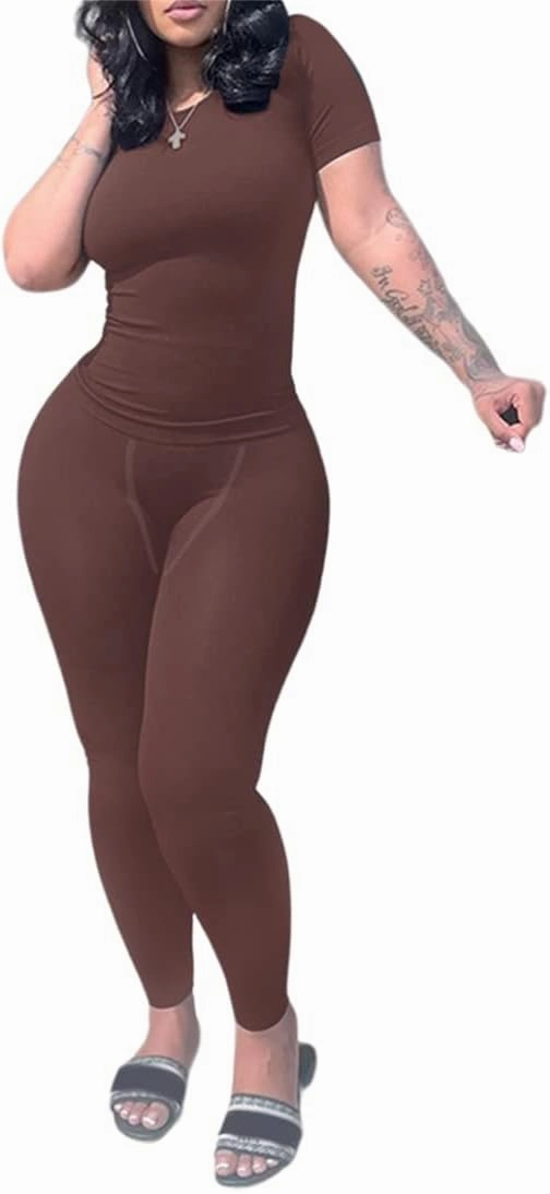 Casual Workout 2 Piece bodycon casual outfit Women Ribbed Set Short Sleeve Elastic Leggings LoungeWear activewear