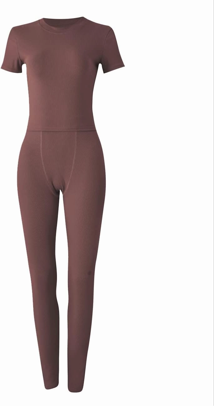 Casual Workout 2 Piece bodycon casual outfit Women Ribbed Set Short Sleeve Elastic Leggings LoungeWear activewear