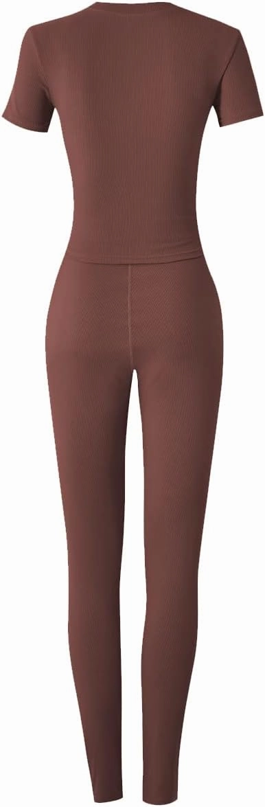 Casual Workout 2 Piece bodycon casual outfit Women Ribbed Set Short Sleeve Elastic Leggings LoungeWear activewear