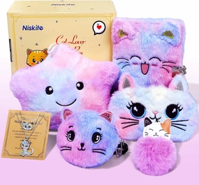 Cat Gifts For Girls, Birthday Gift Set With Star Pillow Cat Locked Diary Eye Mask Bracelet Necklace Keychain, Gifts For 4 5 6 7 8 9 10 Year Old Girl Toys